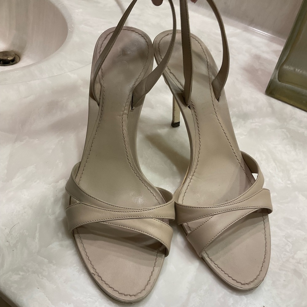 Gunmetal Nude Leather Sandals, Back Ankle Strap. 3.5” heel, Goes w/ all, Sz 8.5 - Picture 4 of 14